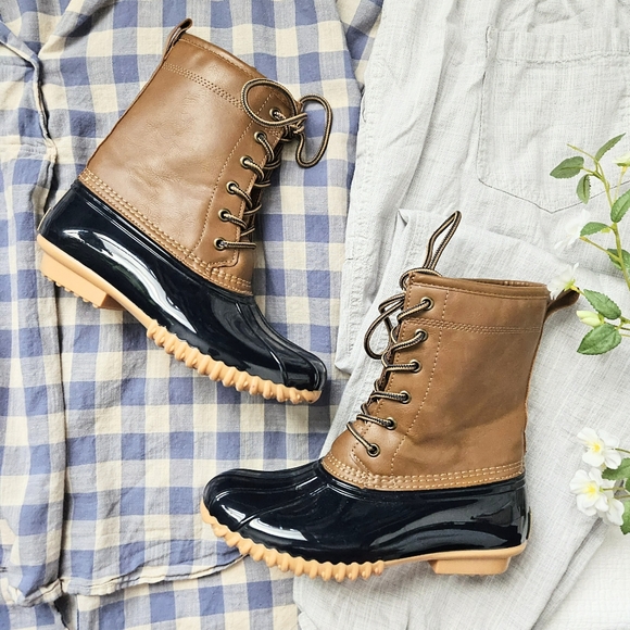 Sporto Shoes - Sporto Ariel Duck Boots Brown & Navy Blue Faux Leather Mid-Calf Lace Up Size 6.5